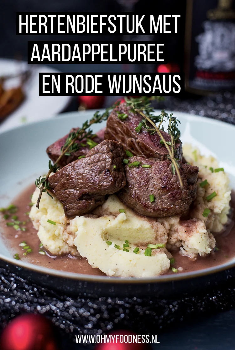 Hertenbiefstuk met aardappelpuree, rode wijnsaus en worteltjes 5 Hertenbiefstuk aardappelpuree rode wijnsaus