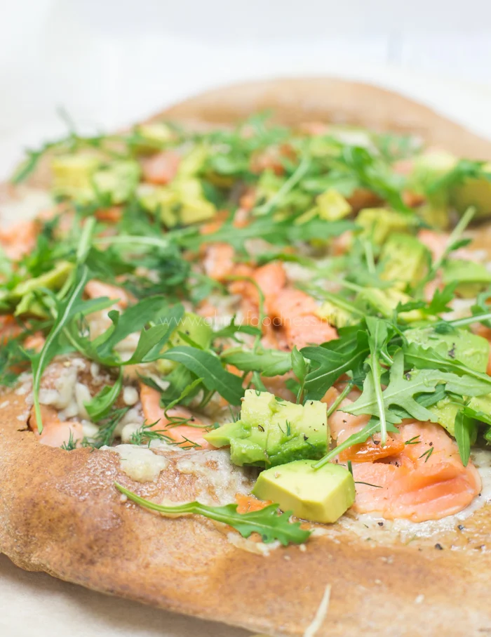 Volkorenpizza met gerookte zalm en avocado 1 volkorenpizza met gerookte zalm en avocado