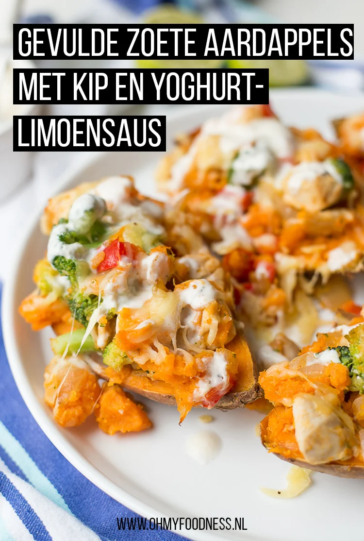 Gevulde zoete aardappel met kip en yoghurt-limoensaus 2 Gevulde zoete aardappels met kip en yoghurt-limoensaus