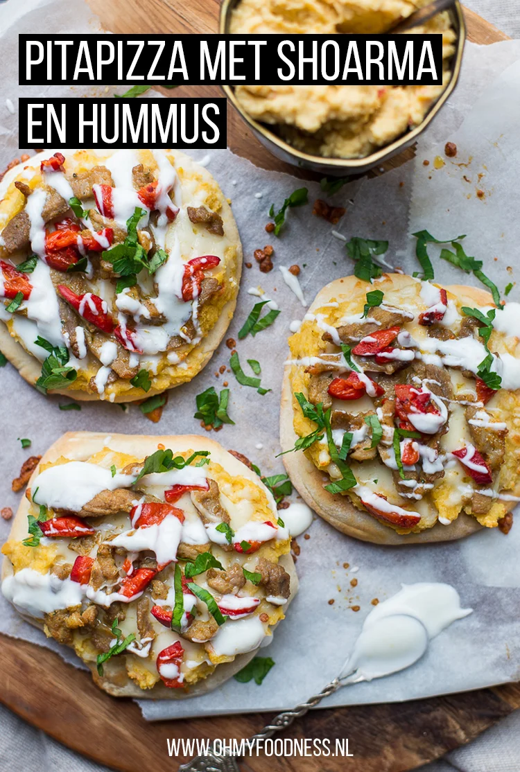Pitapizza met shoarma en hummus 3 Pitapizza met shoarma en hummus