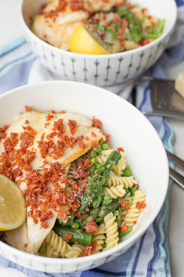 Pasta met groene groenten, scholfilet en chorizokruim 2 Pasta met groene groenten, schol en chorizokruim