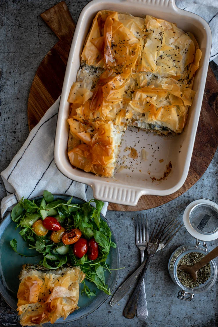 Filodeegtaart met kipgehakt, spinazie en feta 1 Filodeegtaart met kipgehakt, spinazie en feta