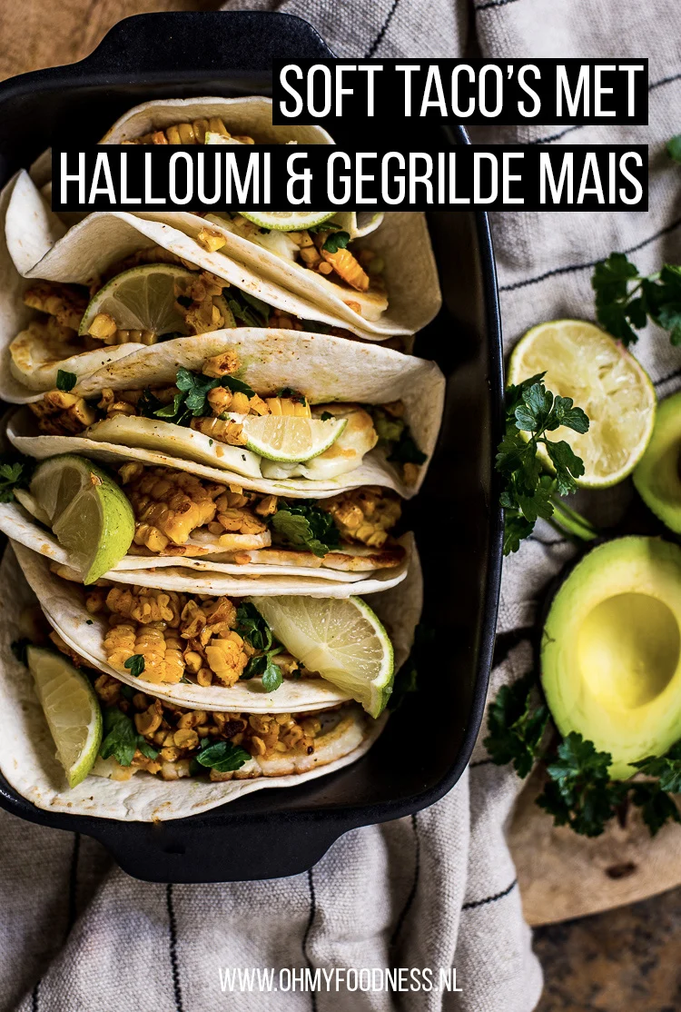 Soft taco's met halloumi, guacamole en gegrilde mais 3 Soft tacos with halloumi, guacamole and grilled corn