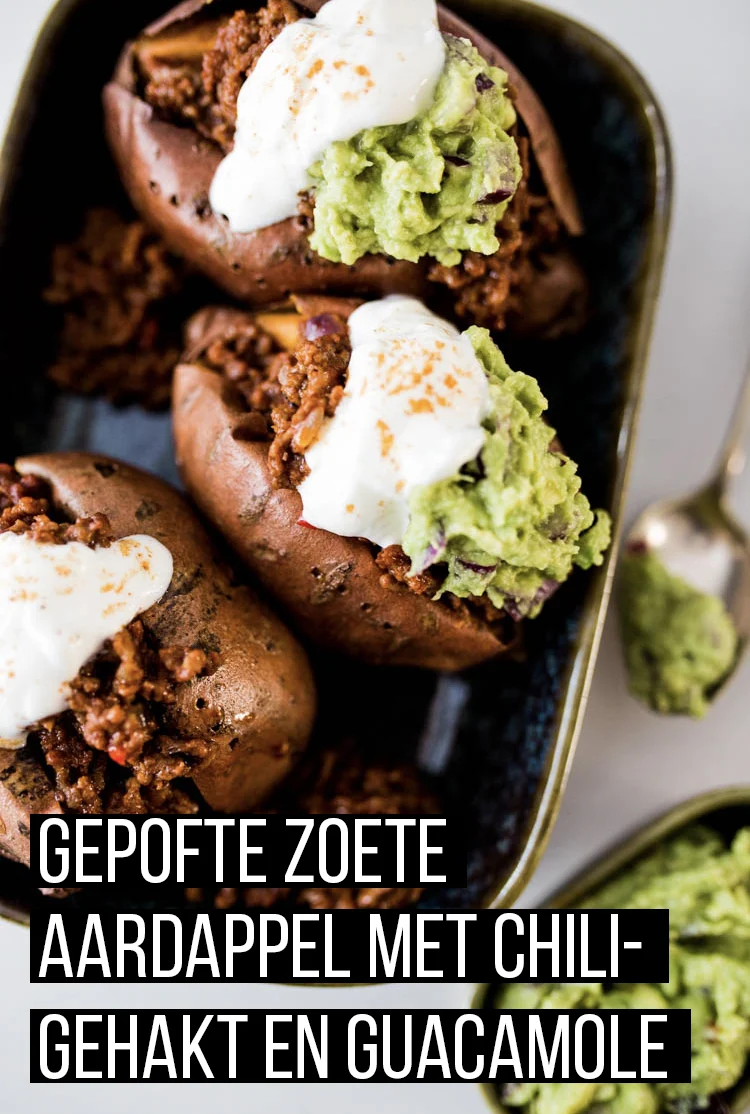 Gepofte zoete aardappel met chiligehakt en guacamole 2 GepofteZoeteAardappelChiligehakt Pinterest