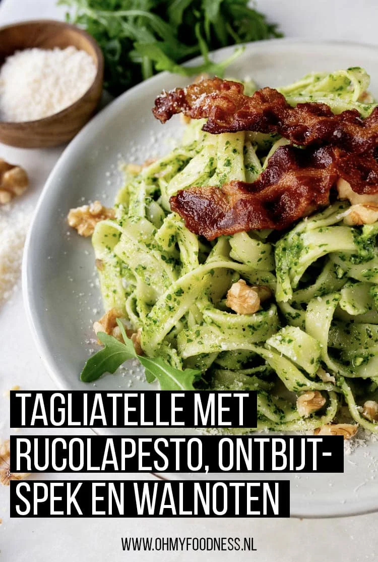 Tagliatelle met Rucolapesto, Ontbijtspek en Walnoten 3 Tageliatelle Rucolapesto Spek Pinterest