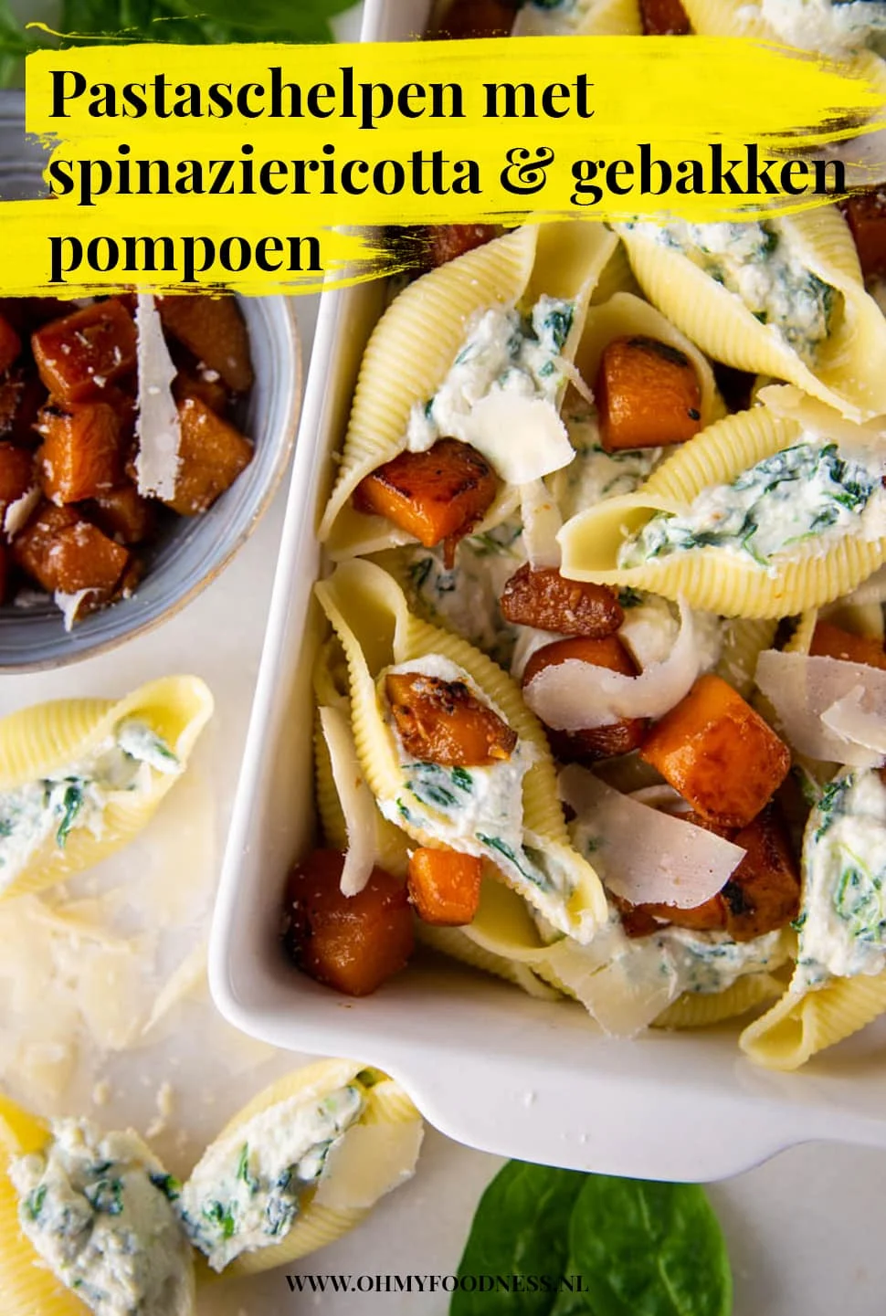 Pastaschelpen met Spinaziericotta en Gebakken Pompoen 3 Pastaschelpen met spinaziericotta en gebakken pompoen