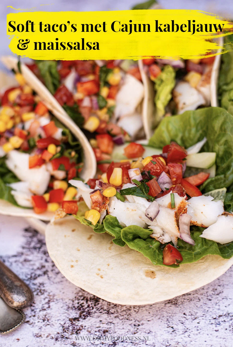 Soft taco's met Cajun kabeljauw en maissalsa 3 soft taco's met cajun kabeljauw en maissalsa