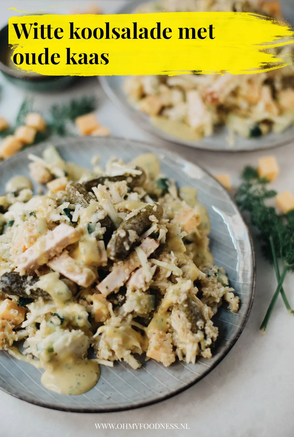 Witte koolsalade met oude kaas, gerookte kip en mosterd-dilledressing 3 Witte koolsalade met oude kaas
