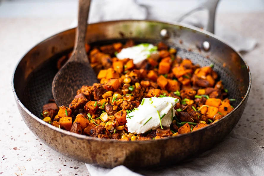 Campinggerecht: Zoete aardappel Chorizo pannetje 2 Zoete aardappel chorizo pannetje