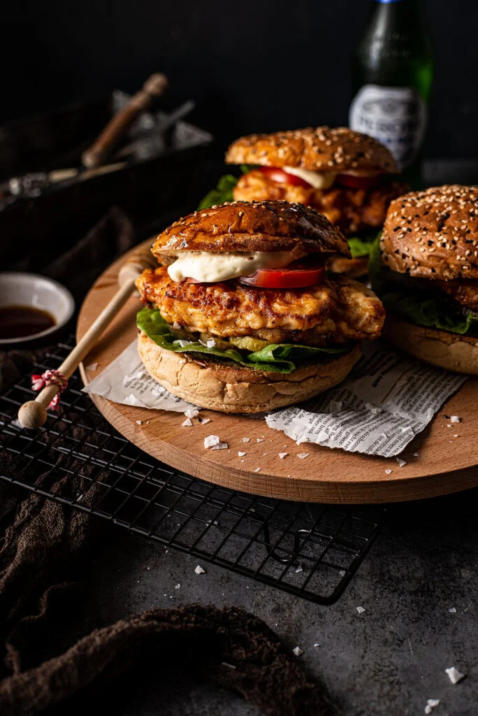 Krokante honing-kipburger